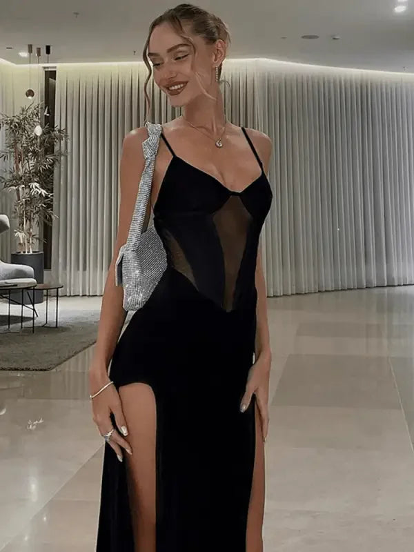 Summer Elegant Dress featuring a sleeveless black design with sheer panels and thigh-high slits