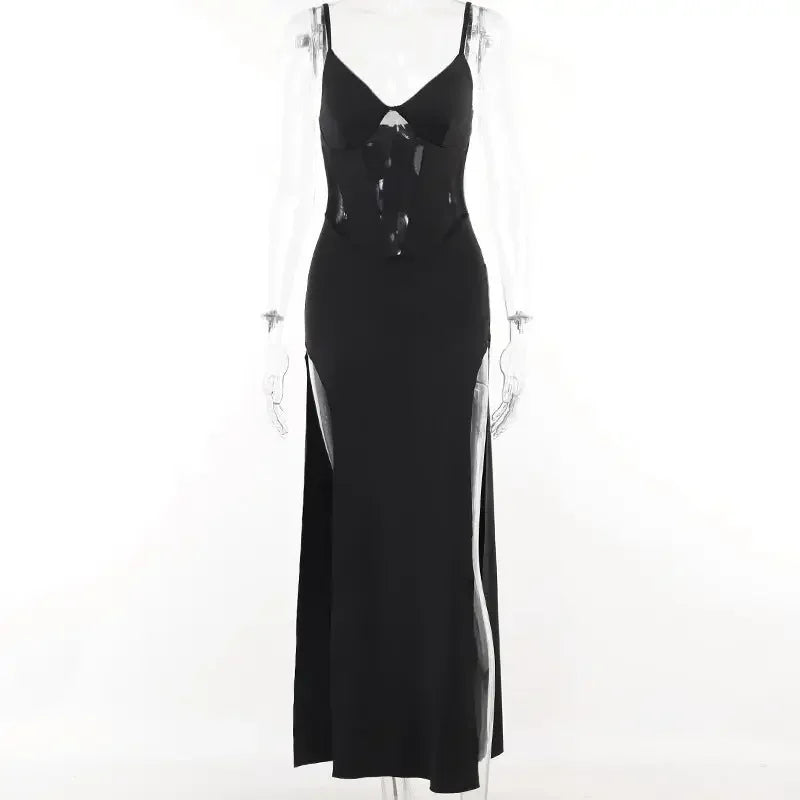 Summer elegant dress featuring a black spaghetti strap design with thigh-high slits