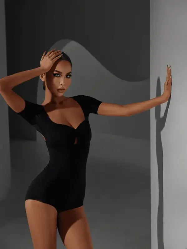 Black short-sleeved latin dance bodysuit from Latin Ballroom Bodysuit collection