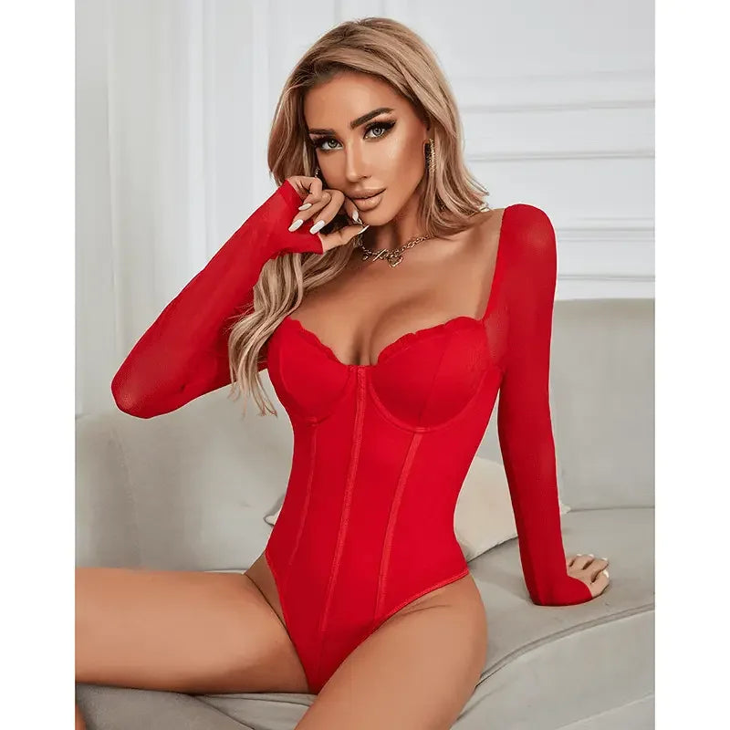 Long Sleeve Tie Up Sexy Bodysuit | Fashionsarah.com