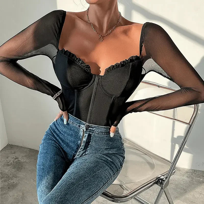 Long Sleeve Tie Up Sexy Bodysuit | Fashionsarah.com