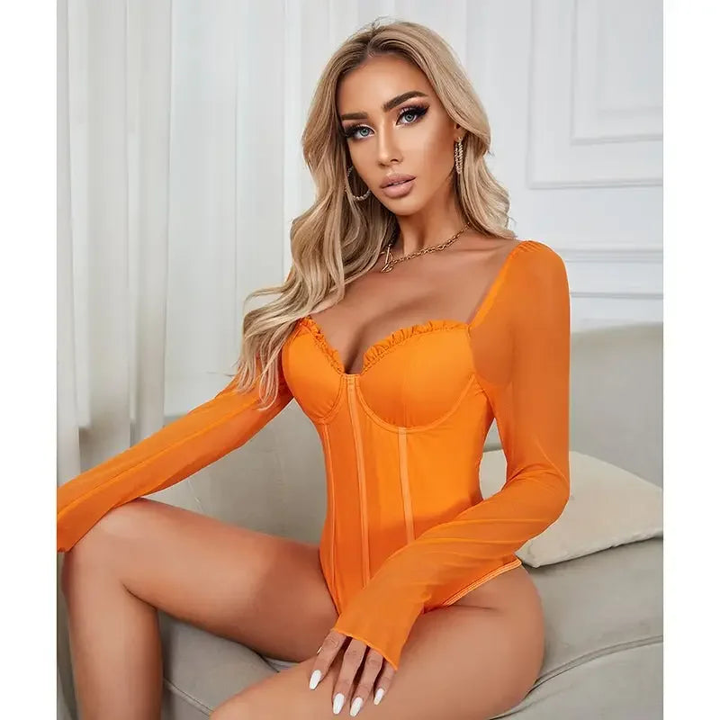 Long Sleeve Tie Up Sexy Bodysuit | Fashionsarah.com