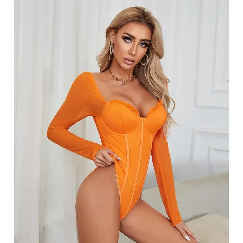 Long Sleeve Tie Up Sexy Bodysuit | Fashionsarah.com
