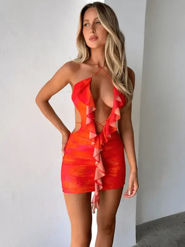 Hollow Out Ruffle Mini Dress | Fashionsarah.com