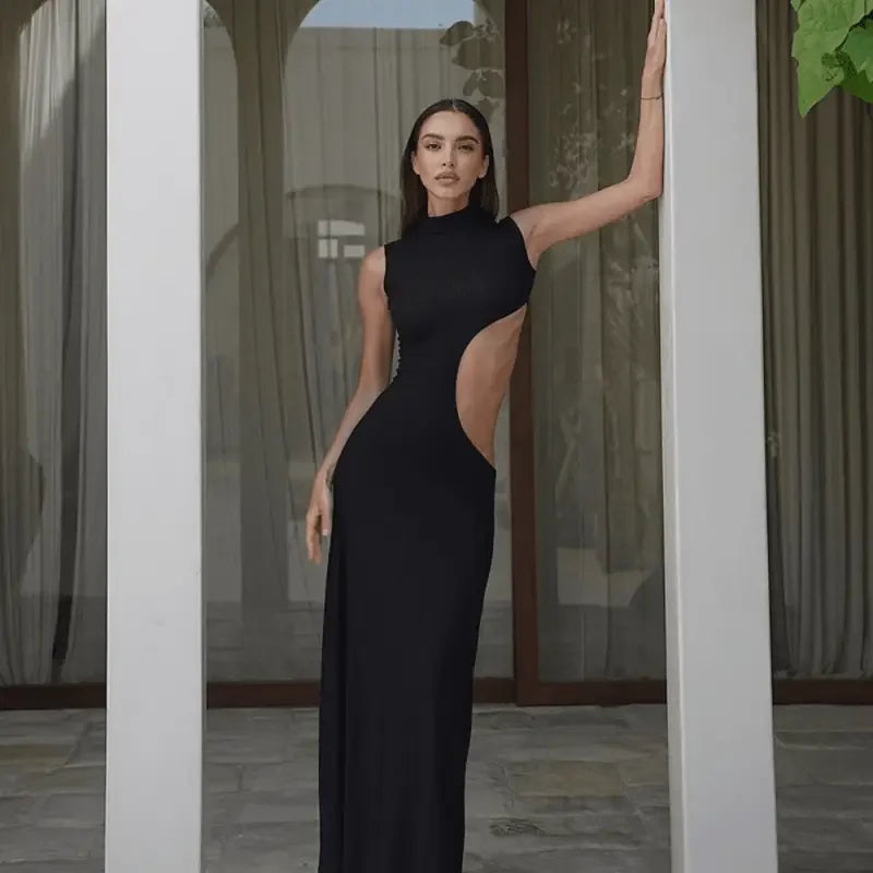 Black Hollow Out Long Dress | Fashionsarah.com