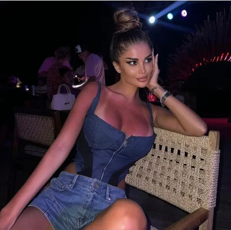 Denim Square Collar Bodysuits | Fashionsarah.com