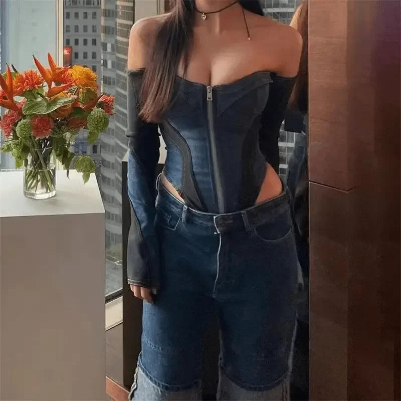 Denim Off Shoulder Bodysuits | Fashionsarah.com
