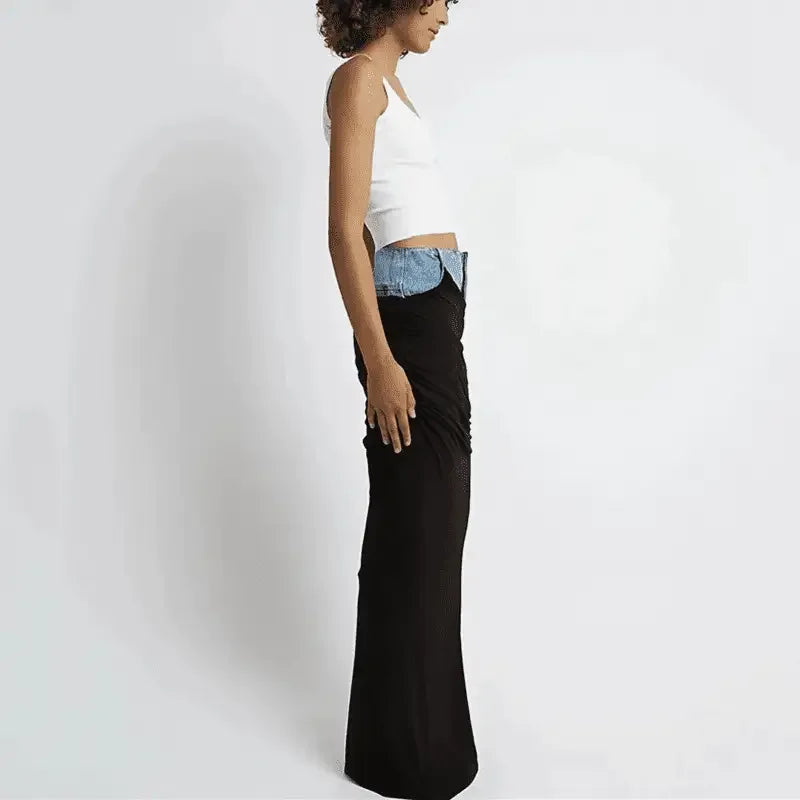 Denim Pleated Long Skirt | Fashionsarah.com