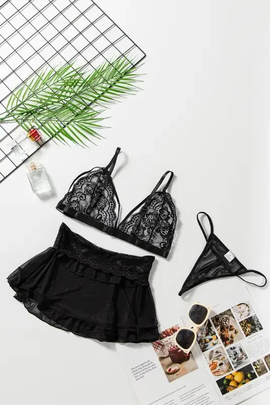 3pcs Lace Ruffled Mesh Bralette Set | Fashionsarah.com
