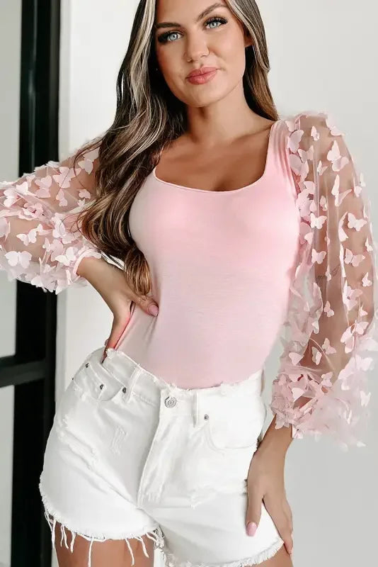 Pink Butterfly Tulle Sleeve Bodysuit | Fashionsarah.com