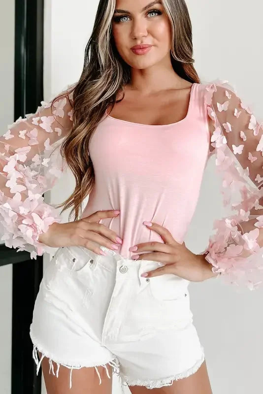 Pink Butterfly Tulle Sleeve Bodysuit | Fashionsarah.com