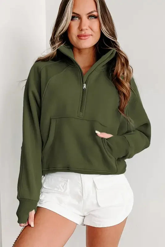 Green Zip Up Women Sweatshirt | Fashionsarah.com
