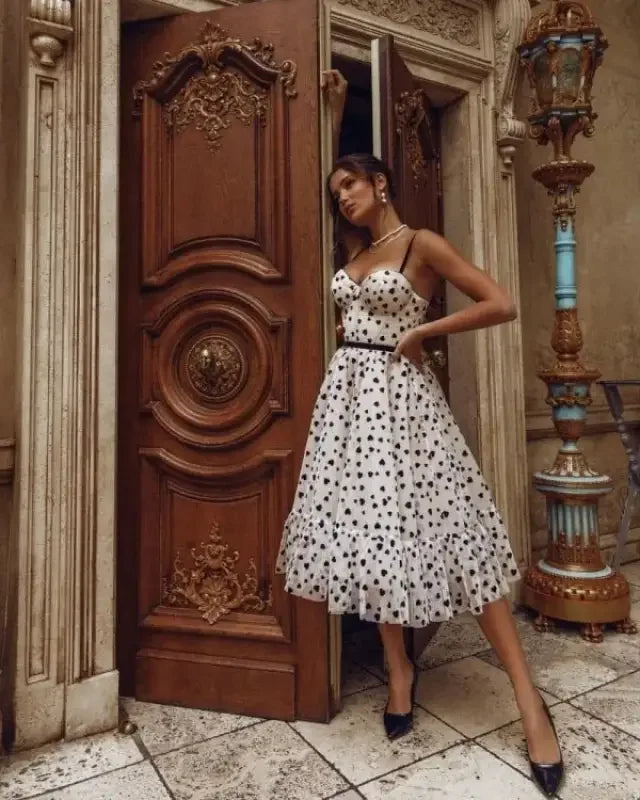 Polka-dotted heart shape prom dress with spaghetti straps, perfect for special occasions