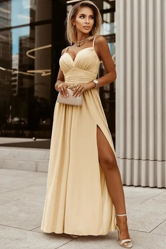Apricot Ruched Side Slit Maxi Dress | Fashionsarah.com