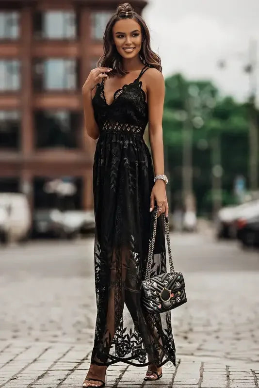 Elegant black lace crisscross maxi dress displayed as Lace Crisscross Maxi Dress