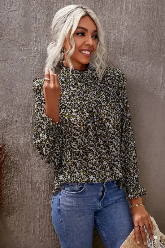 Smocked Ruffled Long Sleeve Blouse | Fashionsarah.com