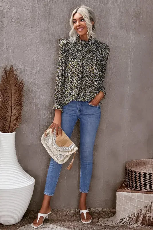 Smocked Ruffled Long Sleeve Blouse | Fashionsarah.com