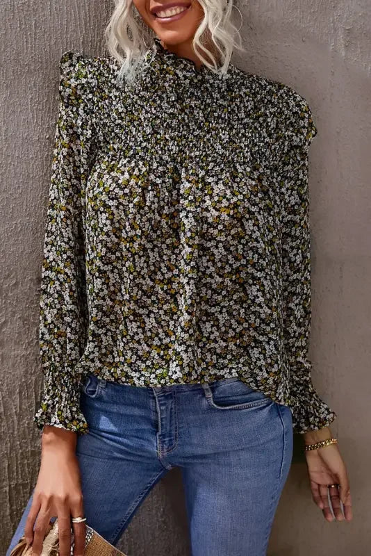 Smocked Ruffled Long Sleeve Blouse | Fashionsarah.com