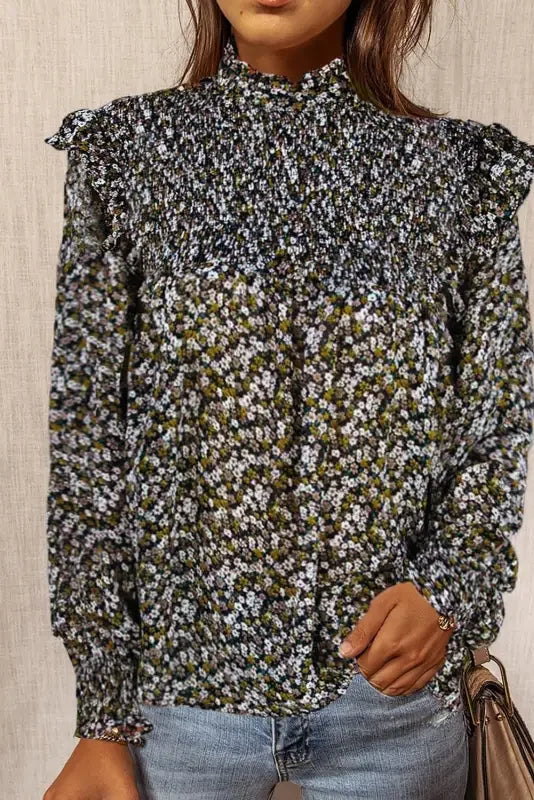 Smocked Ruffled Long Sleeve Blouse | Fashionsarah.com