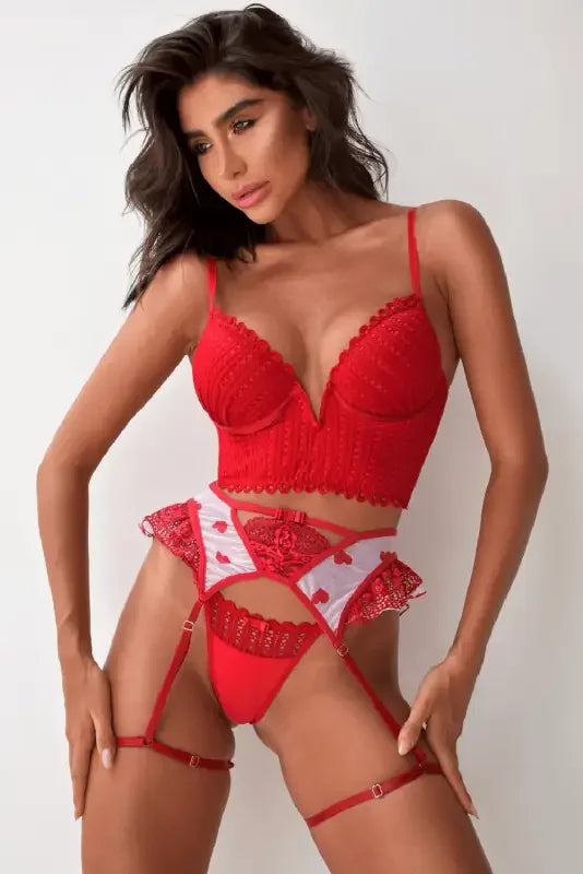 Red 3pcs Heart Splice Lingerie Set | Fashionsarah.com