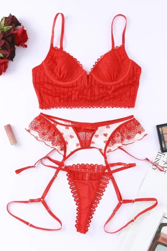 Red 3pcs Heart Splice Lingerie Set | Fashionsarah.com
