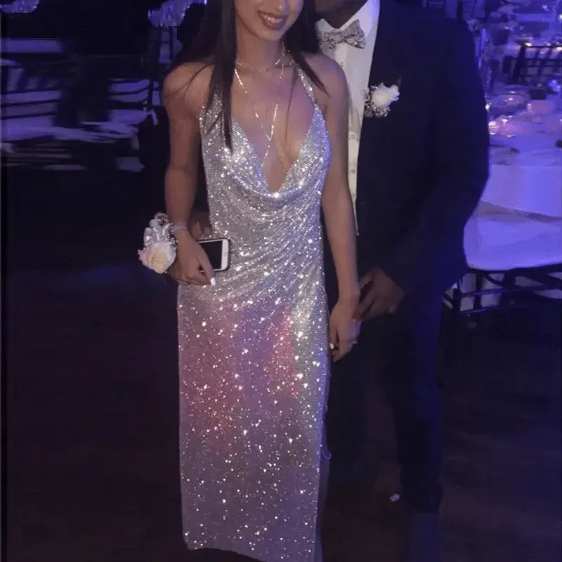 Luxury Halter Rhinestone Sequins Dress | Fashionsarah.com