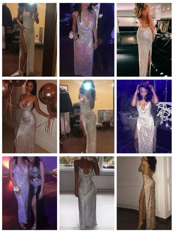 Luxury Halter Rhinestone Sequins Dress | Fashionsarah.com