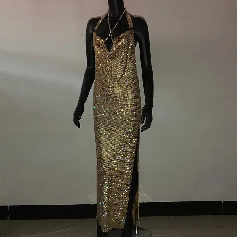Luxury Halter Rhinestone Sequins Dress | Fashionsarah.com