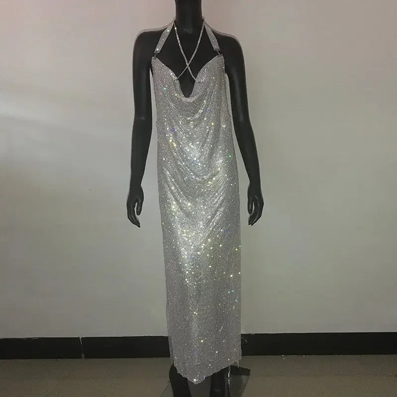 Luxury Halter Rhinestone Sequins Dress | Fashionsarah.com