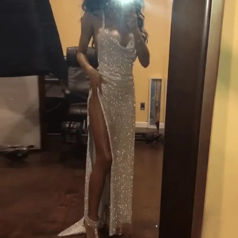 Luxury Halter Rhinestone Sequins Dress | Fashionsarah.com