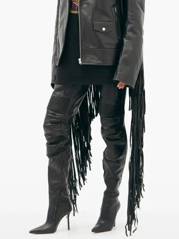 Black leather fringe boots and jacket from Catwalk Boots Spring Long Boots collection