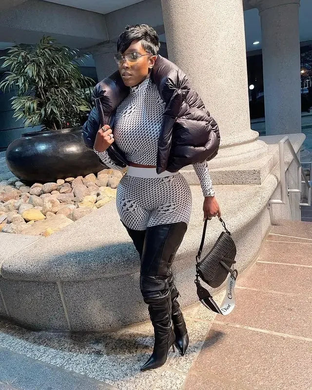 Stylish woman in patterned outfit and thigh-high Catwalk Boots Spring Long Boots