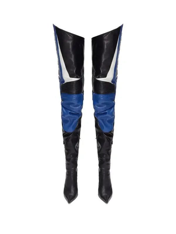 Pair of Catwalk Boots Spring long boots in black, blue, and white leather