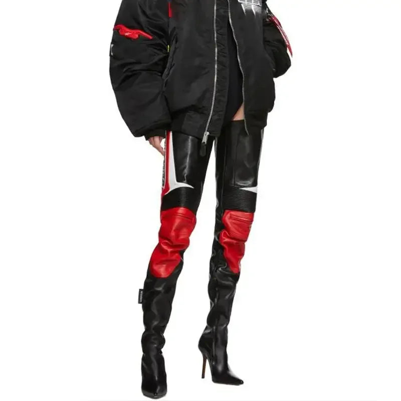 Black and red leather thigh-high boots from Catwalk Boots Spring Long Boots collection