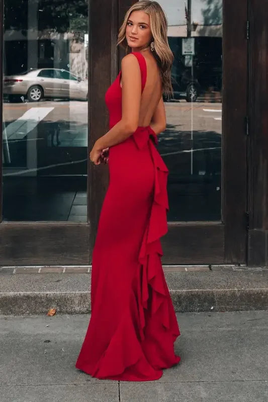 Red Bow Knot Ruffled Backless Dress | Fashionsarah.com