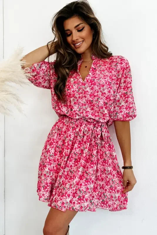 Rose Ditsy Floral Belted Dress | Fashionsarah.com