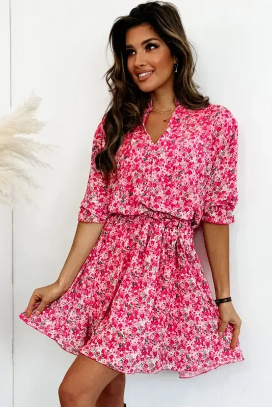 Rose Ditsy Floral Belted Dress | Fashionsarah.com