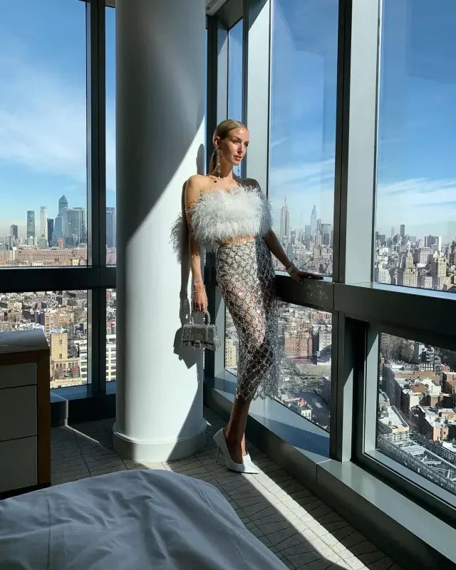 Feather Bandage Top & Sequins Long Skirt | Fashionsarah.com