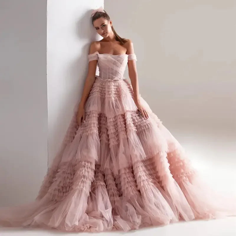 Pink Off Shoulder Ruffles Wedding Dress | Fashionsarah.com