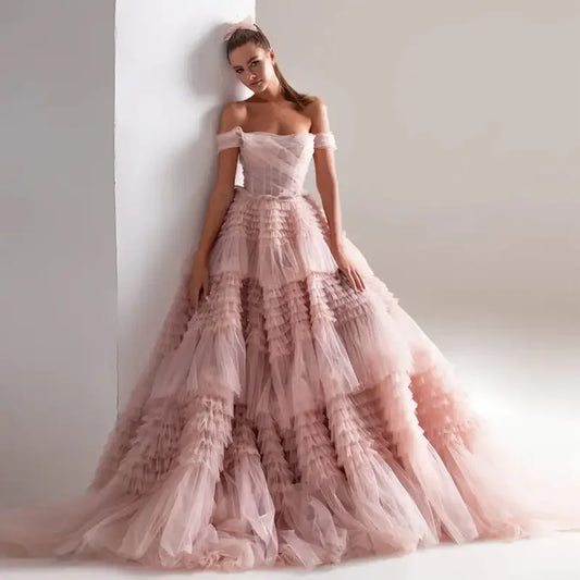 Pink Off Shoulder Ruffles Wedding Dress | Fashionsarah.com