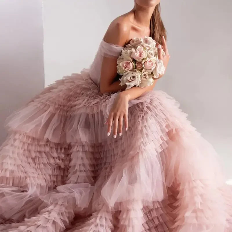 Pink Off Shoulder Ruffles Wedding Dress | Fashionsarah.com