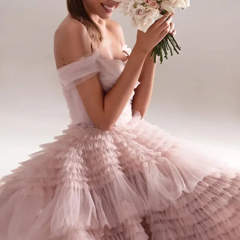 Pink Off Shoulder Ruffles Wedding Dress | Fashionsarah.com