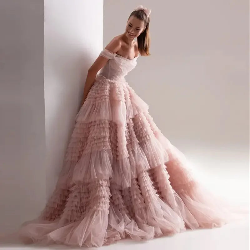 Pink Off Shoulder Ruffles Wedding Dress | Fashionsarah.com