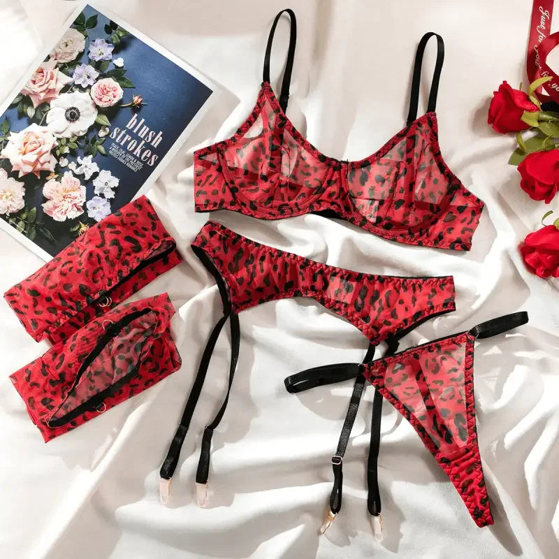 4-Piece Leopard Mesh Lingerie Set | Fashionsarah.com