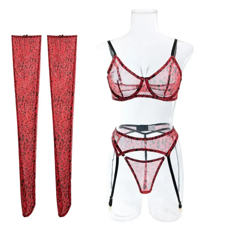 4-Piece Leopard Mesh Lingerie Set | Fashionsarah.com