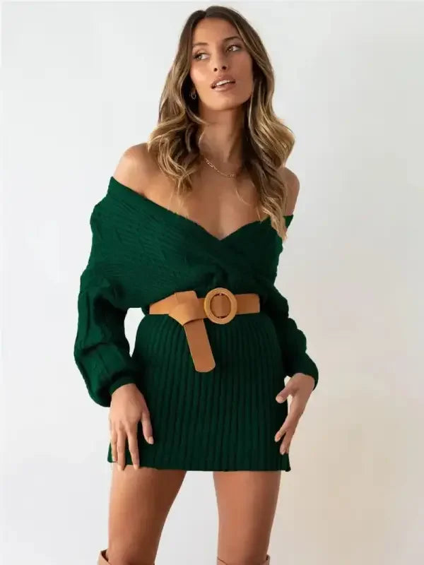 Sweater Off Shoulder V Neck Dress | Fashionsarah.com