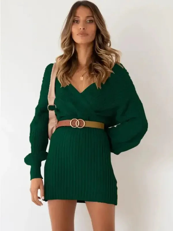 Sweater Off Shoulder V Neck Dress | Fashionsarah.com
