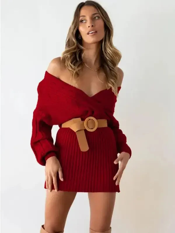 Sweater Off Shoulder V Neck Dress | Fashionsarah.com