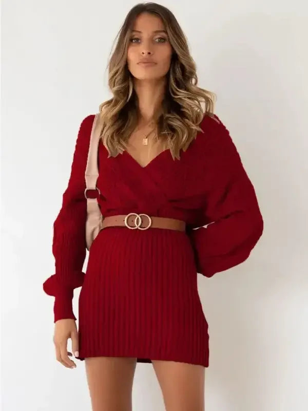 Sweater Off Shoulder V Neck Dress | Fashionsarah.com
