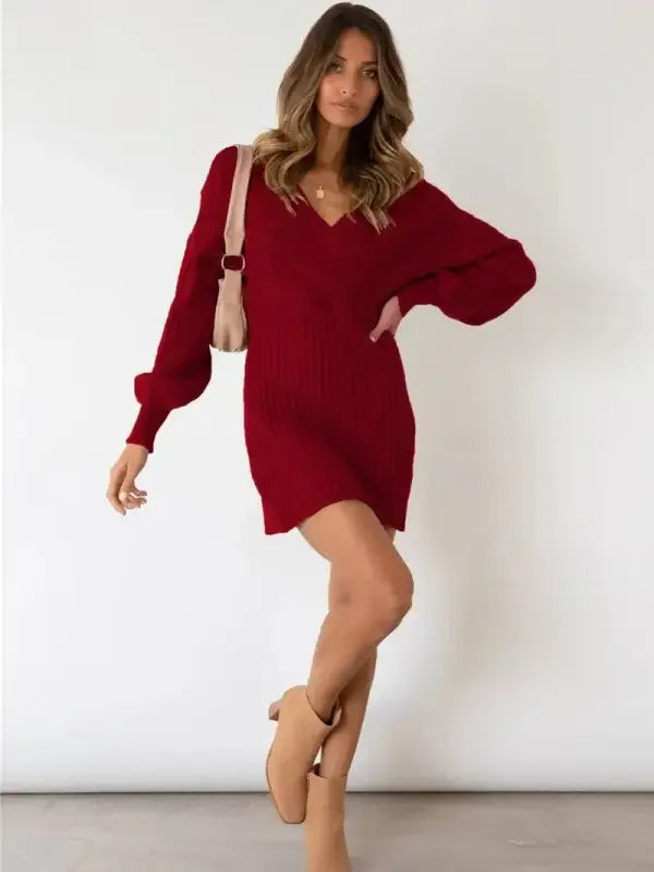 Sweater Off Shoulder V Neck Dress | Fashionsarah.com